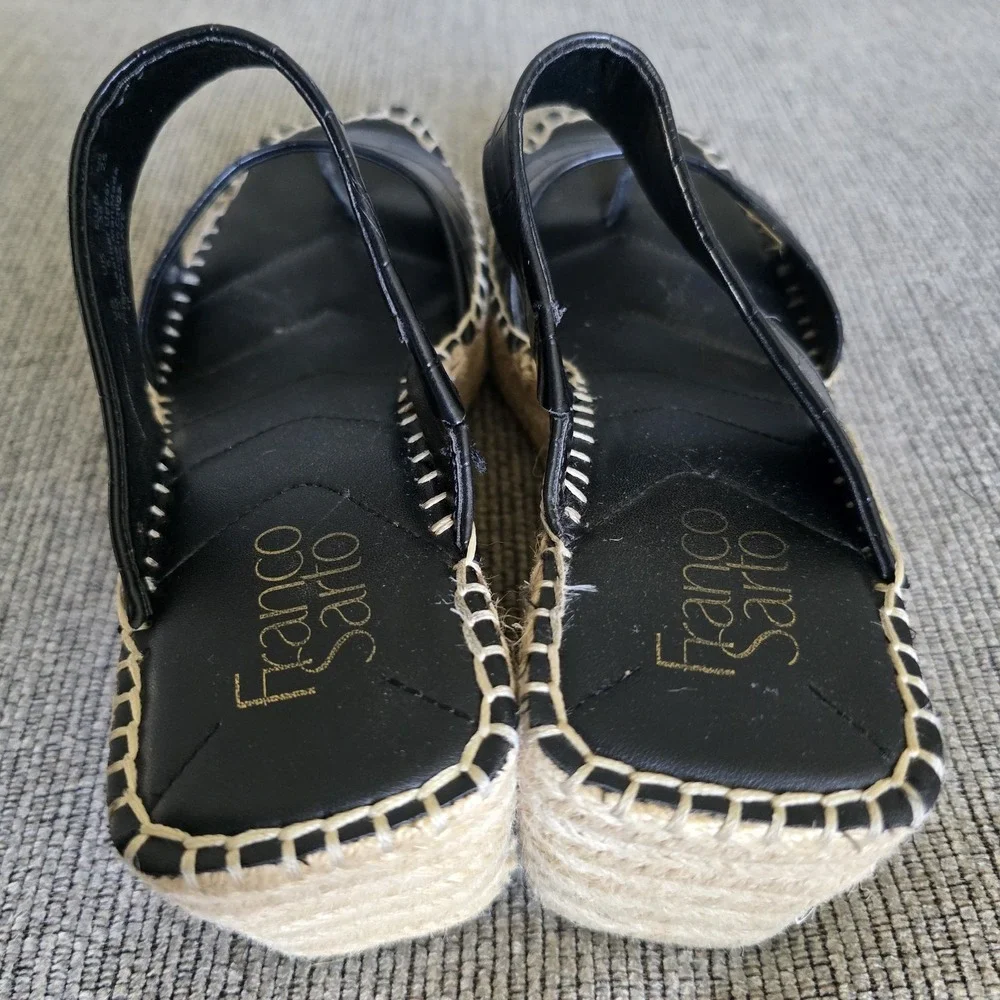 Franco‎ Sarto 8 M Clave Black Embossed Croco Leather Espadrille Wedge Sandals.